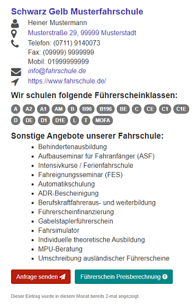 Standard-Eintrag in der Fahrschulsuche auf Desktop