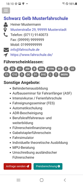 Standard-Eintrag in der Fahrschulsuche auf Mobilgerät