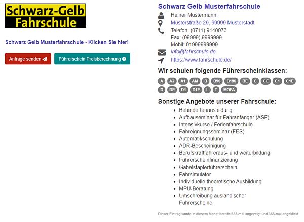 Werbe-Eintrag in der Fahrschulsuche auf Desktop