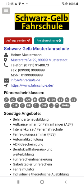 Werbe-Eintrag in der Fahrschulsuche auf Mobilgerät