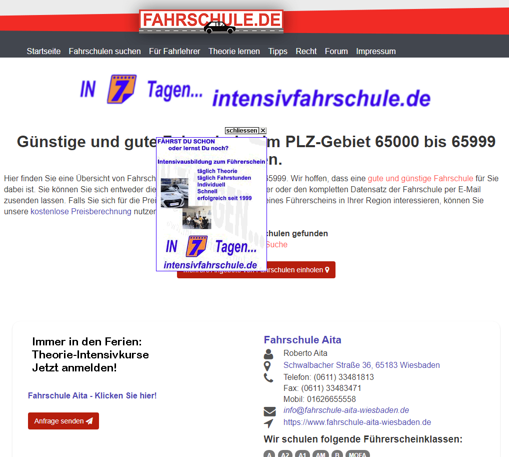 Vollbanner und Layer-Ad in der Fahrschulsuche auf Desktop