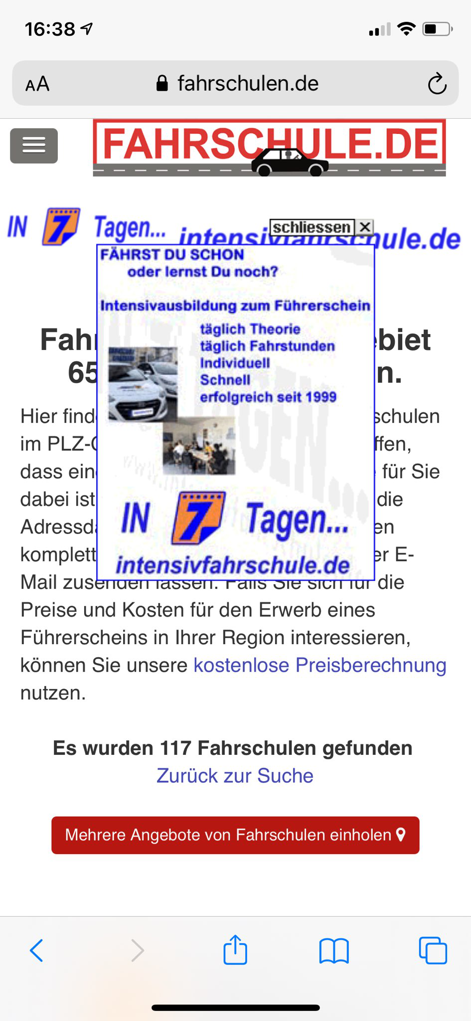 Vollbanner und Layer-Ad in der Fahrschulsuche auf Mobilgerät